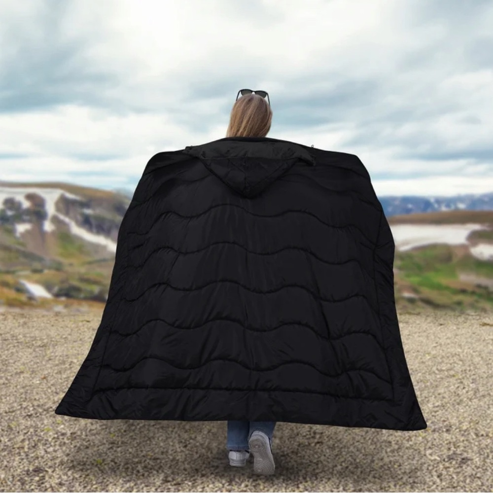 Below Zero Wearable Black Blanket Water Resistant Reverses to Cozy Plush Flannel